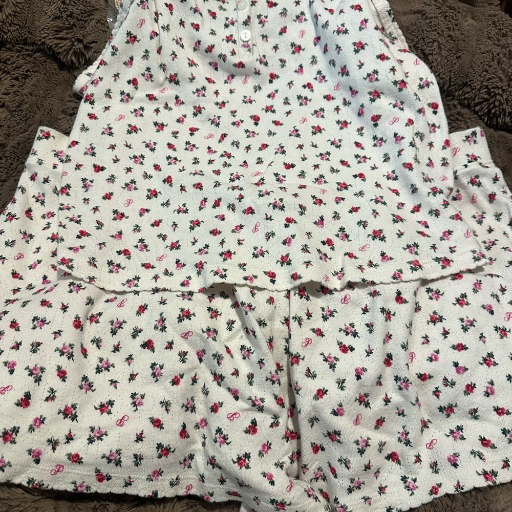 VS Pink-White Floral Sleeveless Tank PJ Set with Pink Rose Print